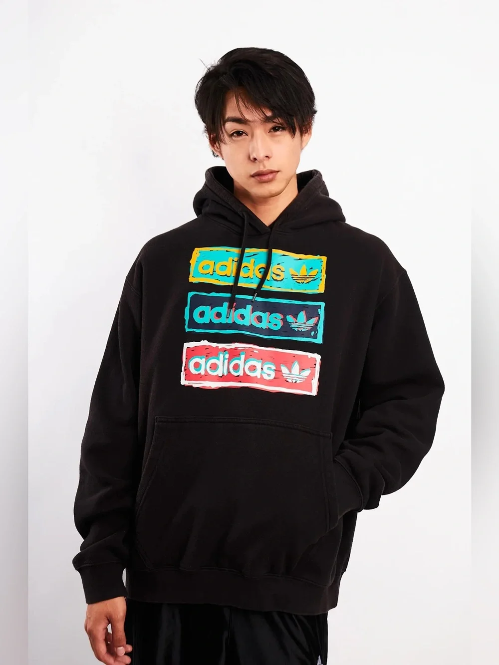 Adidas Black Tri Linear Hoodie Yellow Teal Red Logo Blocks